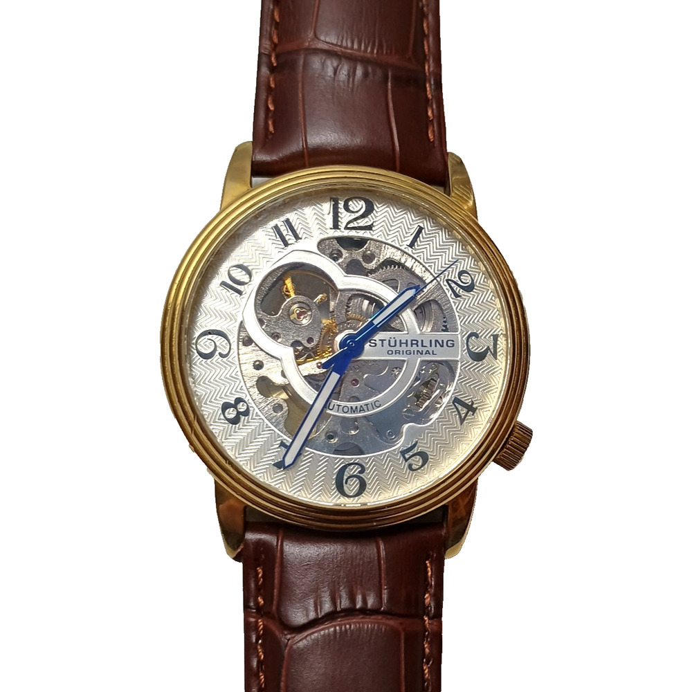 Stuhrling Delphi Oracle 107BG Automatic 44mm Skeleton Watch Gold toned Leather